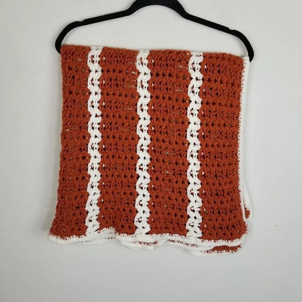 Handmade Crochet Burnt Orange &‎ White Blanket